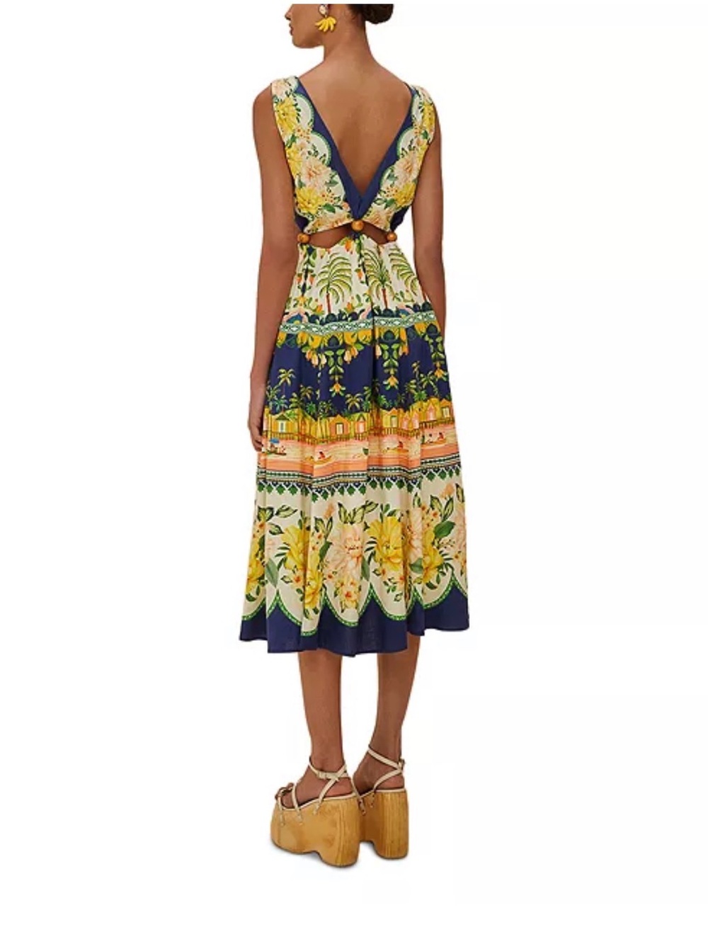 🌼FARM Rio Amazon Garden Cream Navy Cut Out Midi Dress Floral Tropical V-Neck M - Picture 3 of 15